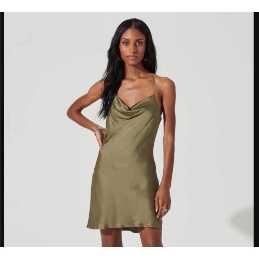 Astr the Label -Olive Green Satin Slip Dress Strappy Open Back Size M